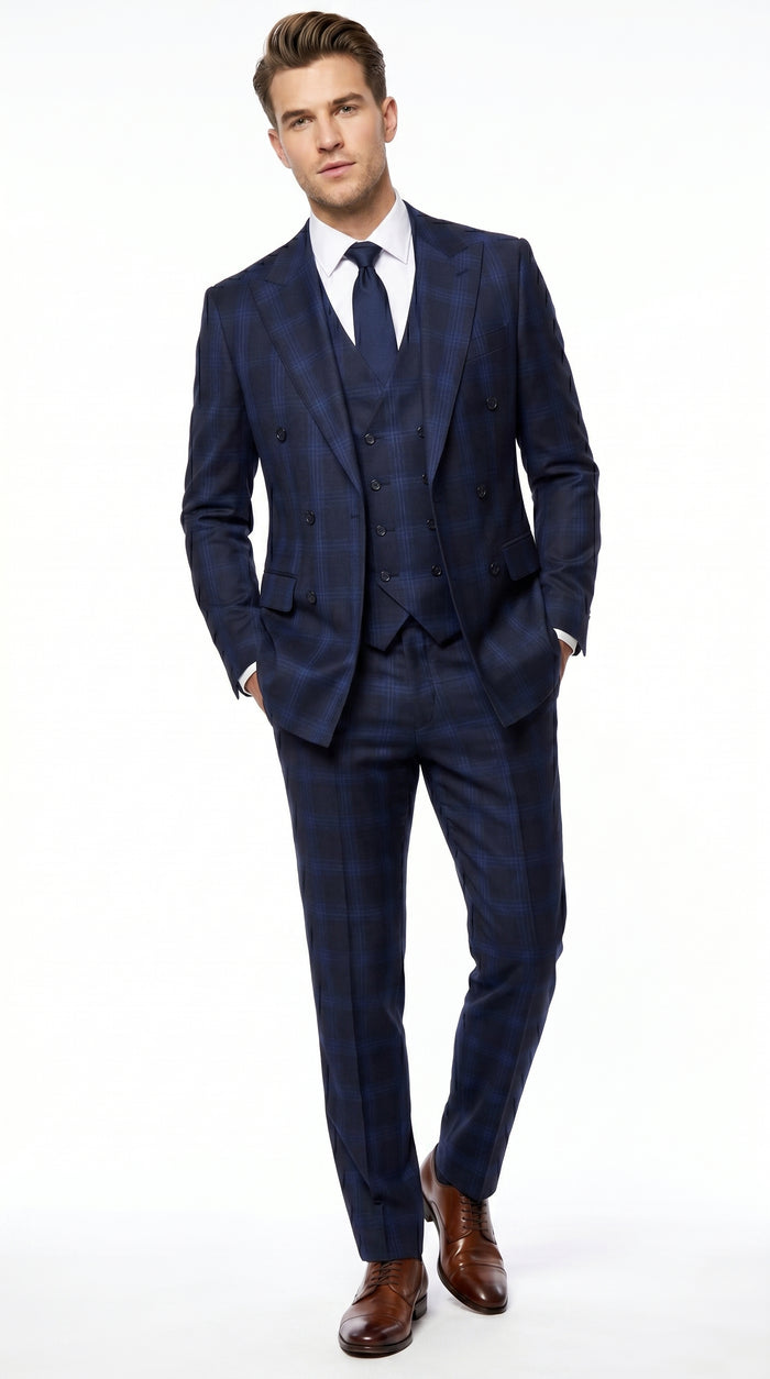 Men’s Indigo Sapphire Blue Plaid 3 Piece Suit with Double Breasted Vest, Slim Fit Windowpane Suit