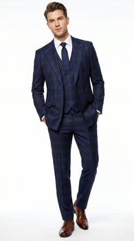 Men’s Indigo Sapphire Blue Plaid 3 Piece Suit with Double Breasted Vest, Slim Fit Windowpane Suit