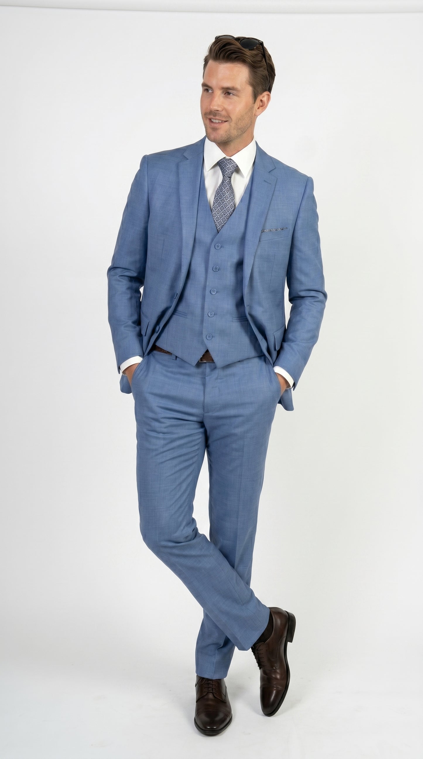 Men’s Ice Blue 3 Piece Suit with Vest, Formal Wedding Prom Dress Suit Modern Fit