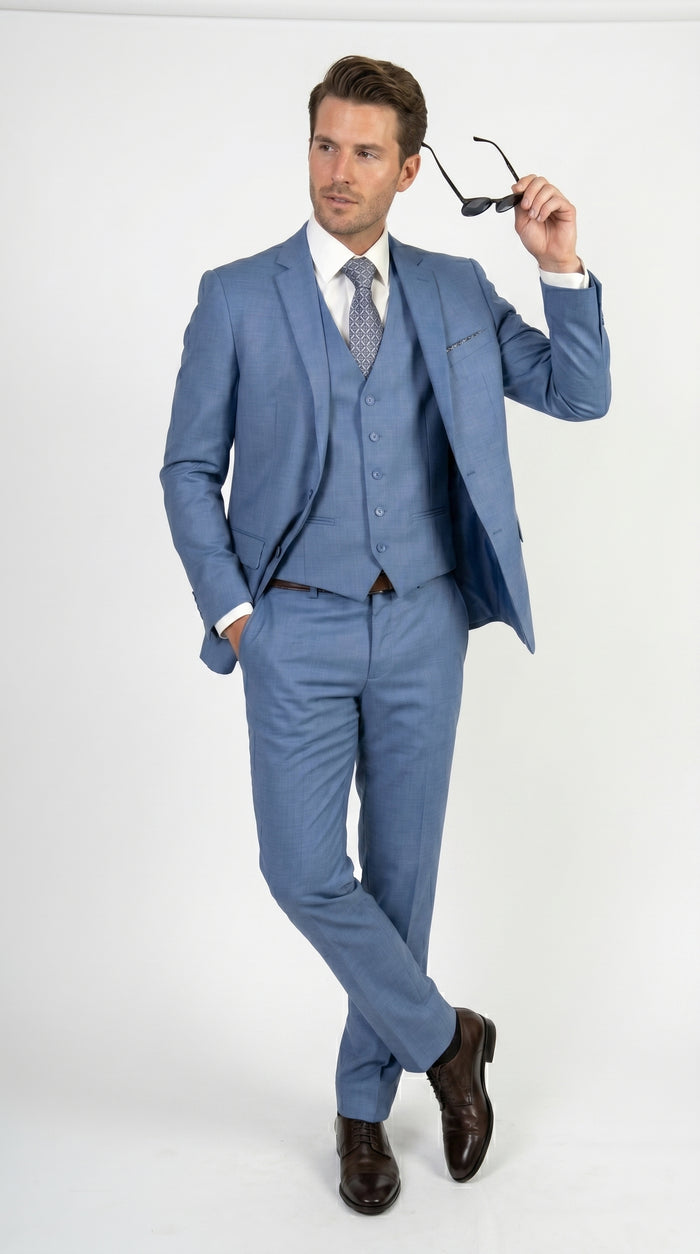 Men’s Ice Blue 3 Piece Suit with Vest, Formal Wedding Prom Dress Suit Modern Fit