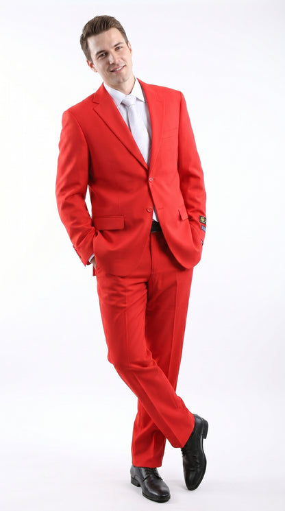 Men’s Red Bolzano 2 Button Suit with Pleated Pants, 100% Polyester Formal Dress Suit