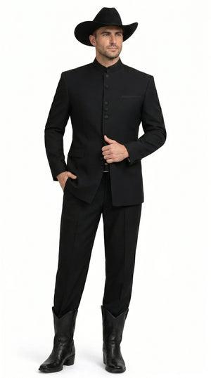 Men’s Apollo King Black 2 Piece Nehru Style Suit with Mandarin Collar, Formal Banded Collar Suit