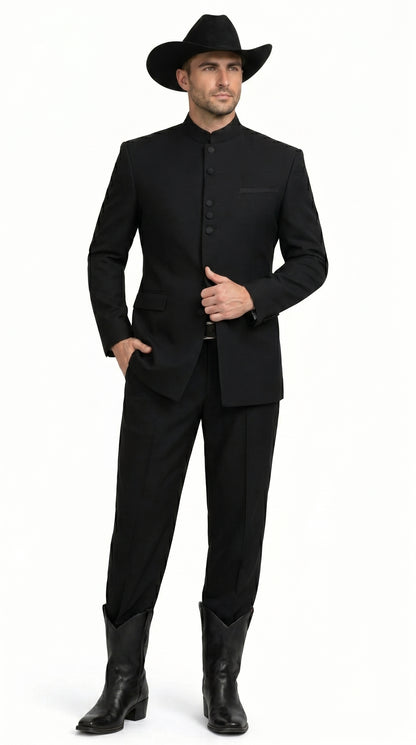 Men’s Apollo King Black 2 Piece Nehru Style Suit with Mandarin Collar, Formal Banded Collar Suit Modern Fit