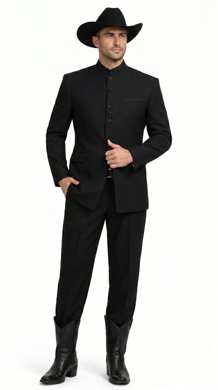 Men’s Apollo King Black 2 Piece Nehru Style Suit with Mandarin Collar, Formal Banded Collar Suit Modern Fit