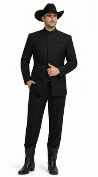 Men’s Apollo King Black 2 Piece Nehru Style Suit with Mandarin Collar, Formal Banded Collar Suit