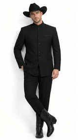 Men’s Apollo King Black 2 Piece Nehru Style Suit with Mandarin Collar, Formal Banded Collar Suit Modern Fit