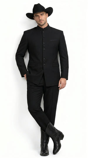 Men’s Apollo King Black 2 Piece Nehru Style Suit with Mandarin Collar, Formal Banded Collar Suit