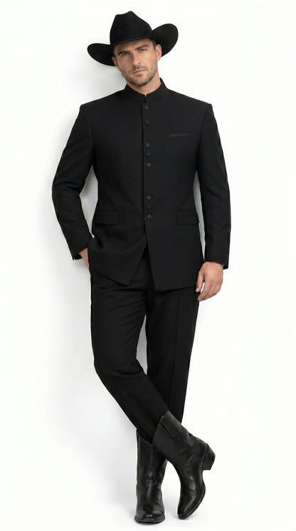 Men’s Apollo King Black 2 Piece Nehru Style Suit with Mandarin Collar, Formal Banded Collar Suit Modern Fit