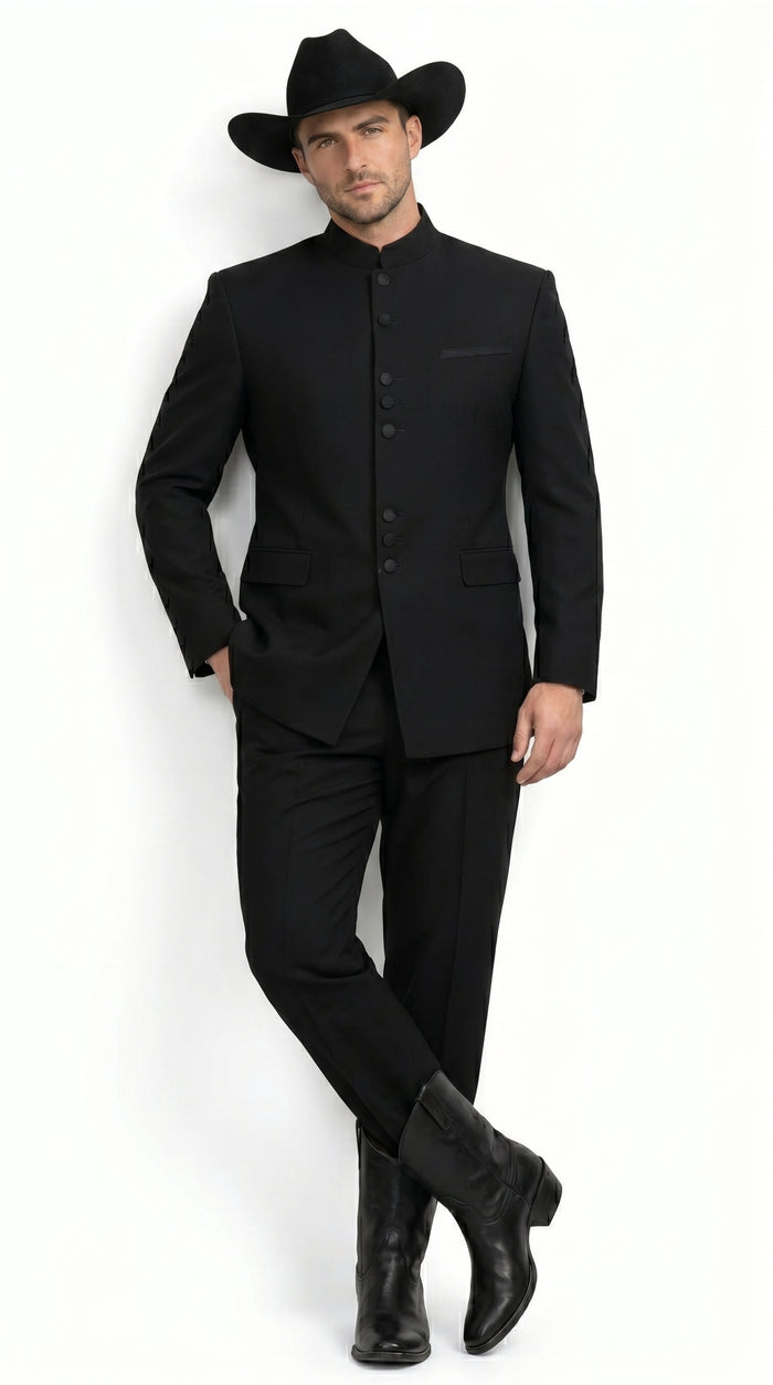 Men’s Apollo King Black 2 Piece Nehru Style Suit with Mandarin Collar, Formal Banded Collar Suit Modern Fit