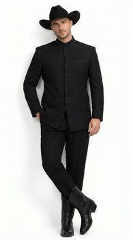Men’s Apollo King Black 2 Piece Nehru Style Suit with Mandarin Collar, Formal Banded Collar Suit