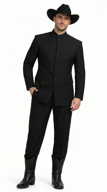 Men’s Apollo King Black 2 Piece Nehru Style Suit with Mandarin Collar, Formal Banded Collar Suit Modern Fit