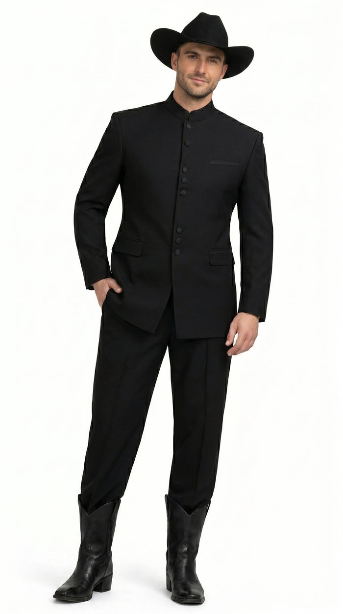 Men’s Apollo King Black 2 Piece Nehru Style Suit with Mandarin Collar, Formal Banded Collar Suit Modern Fit