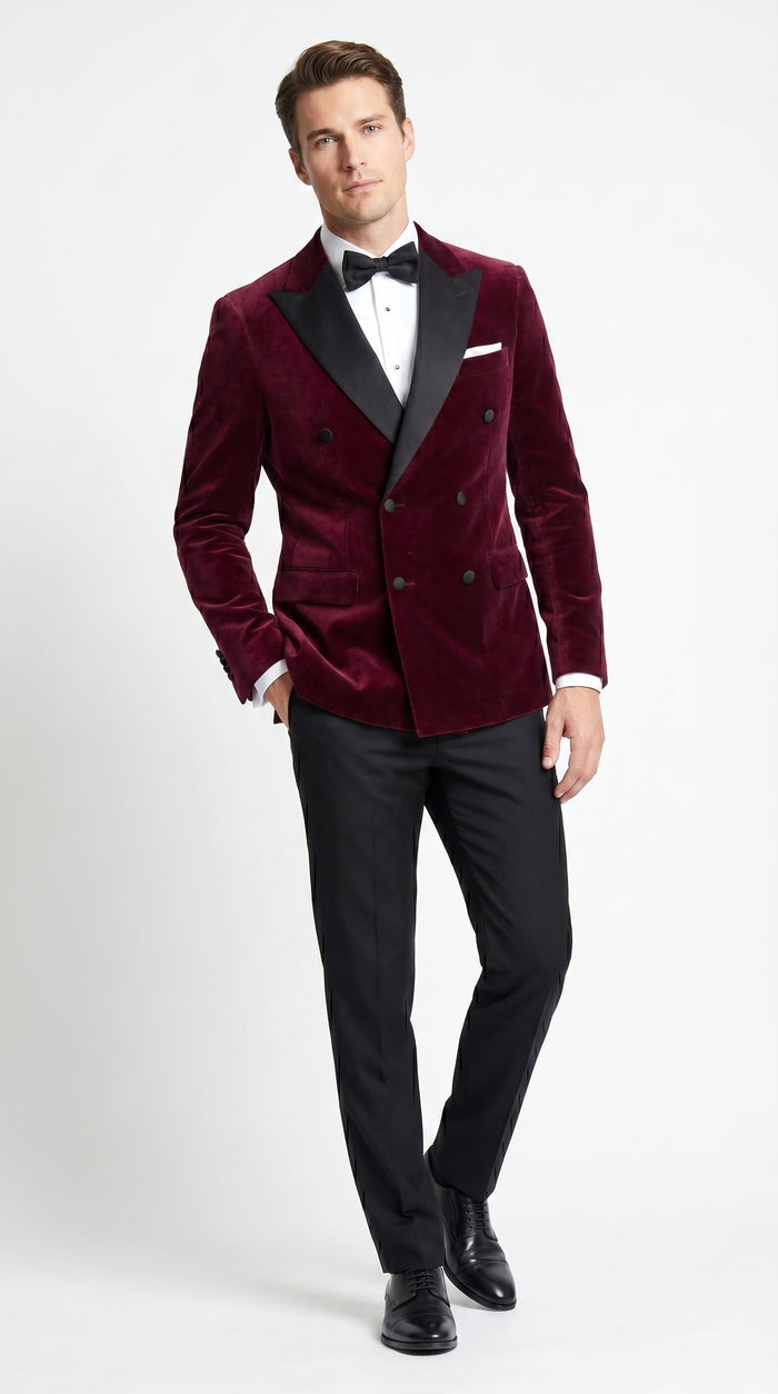 Men’s Burgundy Velvet Tuxedo, Slim Fit Double Breasted Formal Tuxedo Suit for Wedding, Prom and Groom Wear