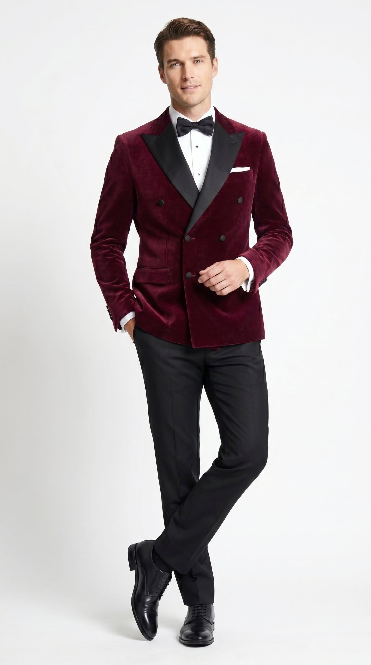 Men’s Burgundy Velvet Tuxedo, Slim Fit Double Breasted Formal Tuxedo Suit for Wedding, Prom and Groom Wear