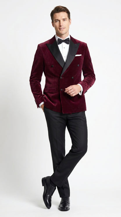 Men’s Burgundy Velvet Tuxedo, Slim Fit Double Breasted Formal Tuxedo Suit for Wedding, Prom and Groom Wear