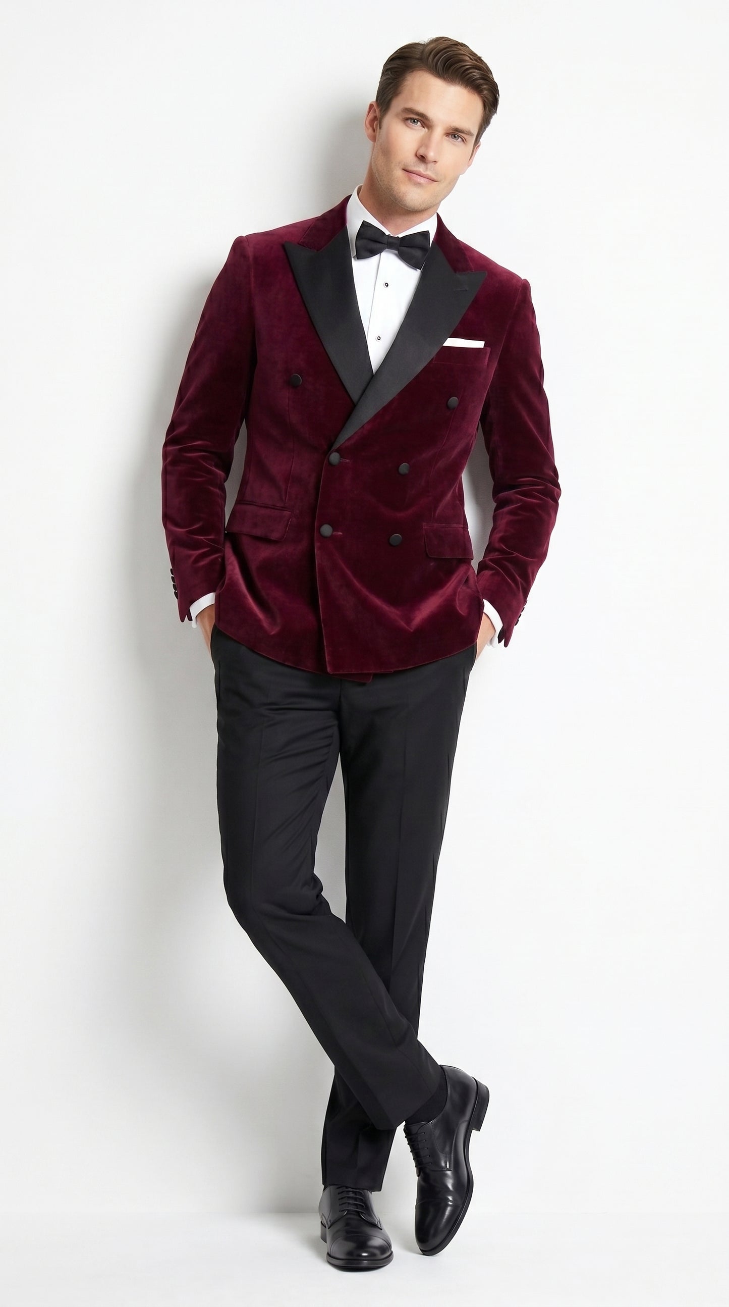 Men’s Burgundy Velvet Tuxedo, Slim Fit Double Breasted Formal Tuxedo Suit for Wedding, Prom and Groom Wear