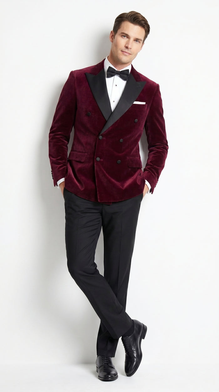 Men’s Burgundy Velvet Tuxedo, Slim Fit Double Breasted Formal Tuxedo Suit for Wedding, Prom and Groom Wear