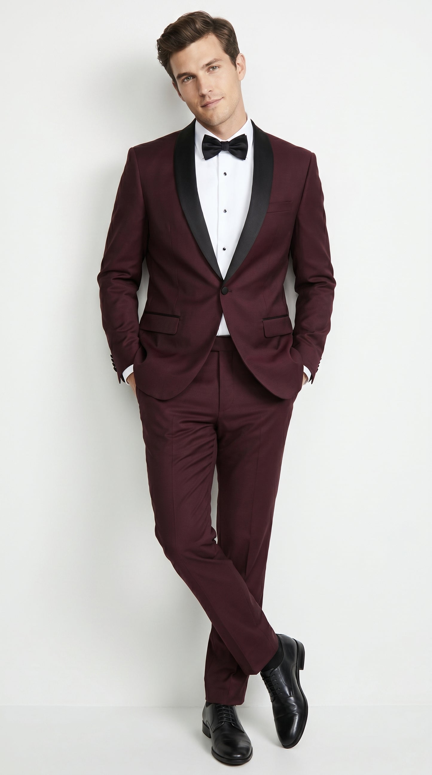 Men’s Maroon Slim Fit Tuxedo with Black Satin Lapel, Burgundy Wine Formal Prom Suit