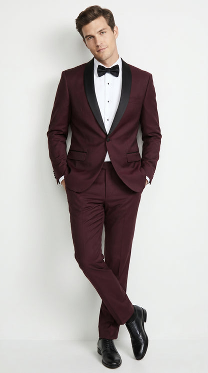 Men’s Maroon Slim Fit Tuxedo with Black Satin Lapel, Burgundy Wine Formal Prom Suit