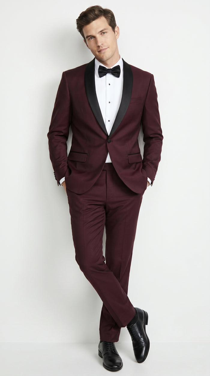 Men’s Maroon Slim Fit Tuxedo with Black Satin Lapel, Burgundy Wine Formal Prom Suit