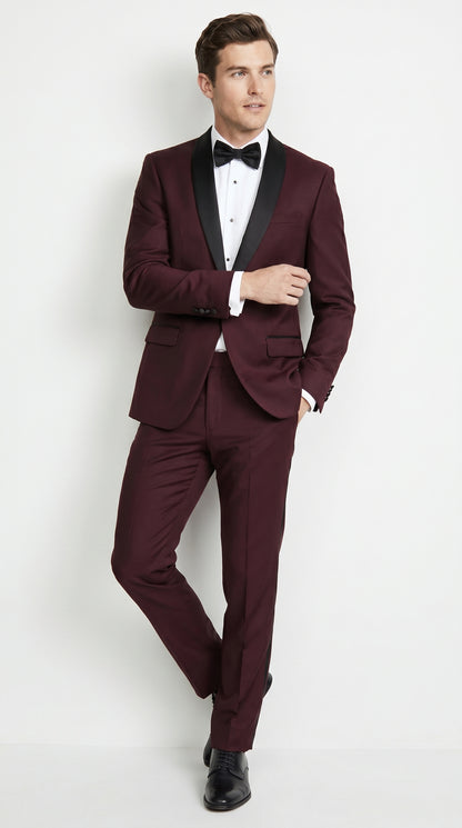 Men’s Maroon Slim Fit Tuxedo with Black Satin Lapel, Burgundy Wine Formal Prom Suit