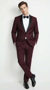 Men’s Maroon Slim Fit Tuxedo with Black Satin Lapel, Burgundy Wine Formal Prom Suit