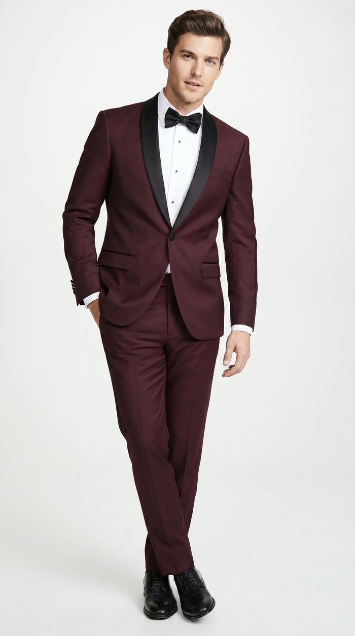 Men’s Maroon Slim Fit Tuxedo with Black Satin Lapel, Burgundy Wine Formal Prom Suit