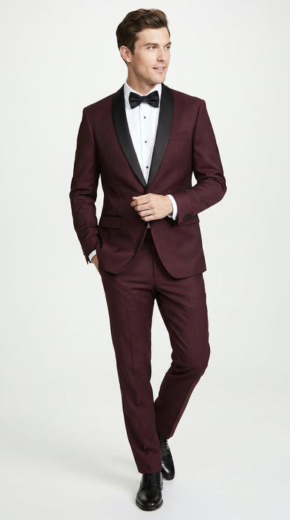 Men’s Maroon Slim Fit Tuxedo with Black Satin Lapel, Burgundy Wine Formal Prom Suit