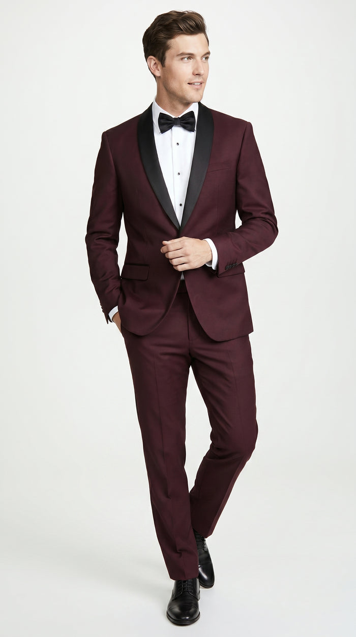 Men’s Maroon Slim Fit Tuxedo with Black Satin Lapel, Burgundy Wine Formal Prom Suit