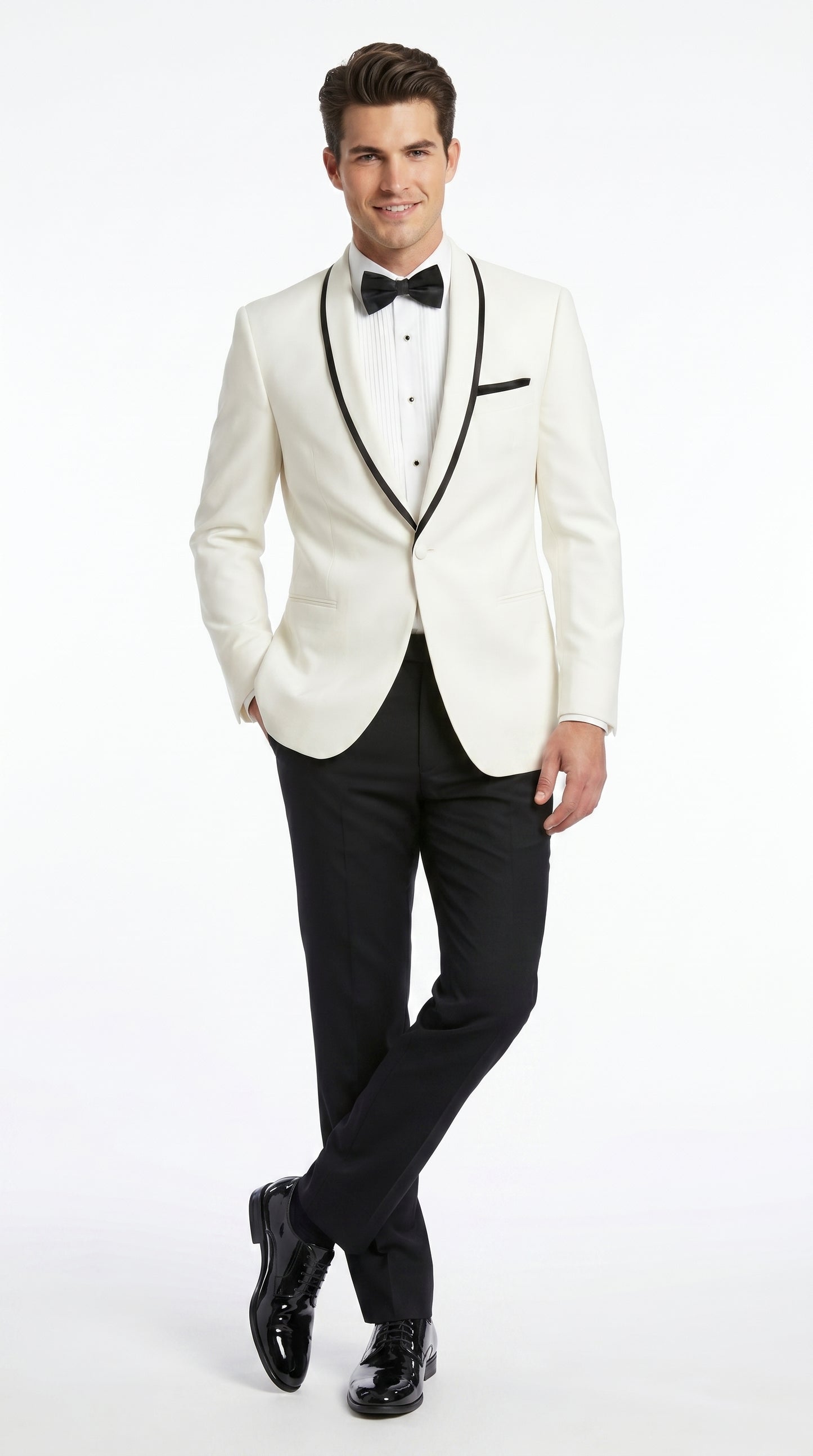 Men’s One Button Ivory Tuxedo Suit with Black Trim, Formal Wedding Prom Dinner Jacket