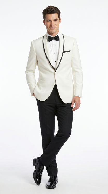 Men’s One Button Ivory Tuxedo Suit with Black Trim, Formal Wedding Prom Dinner Jacket
