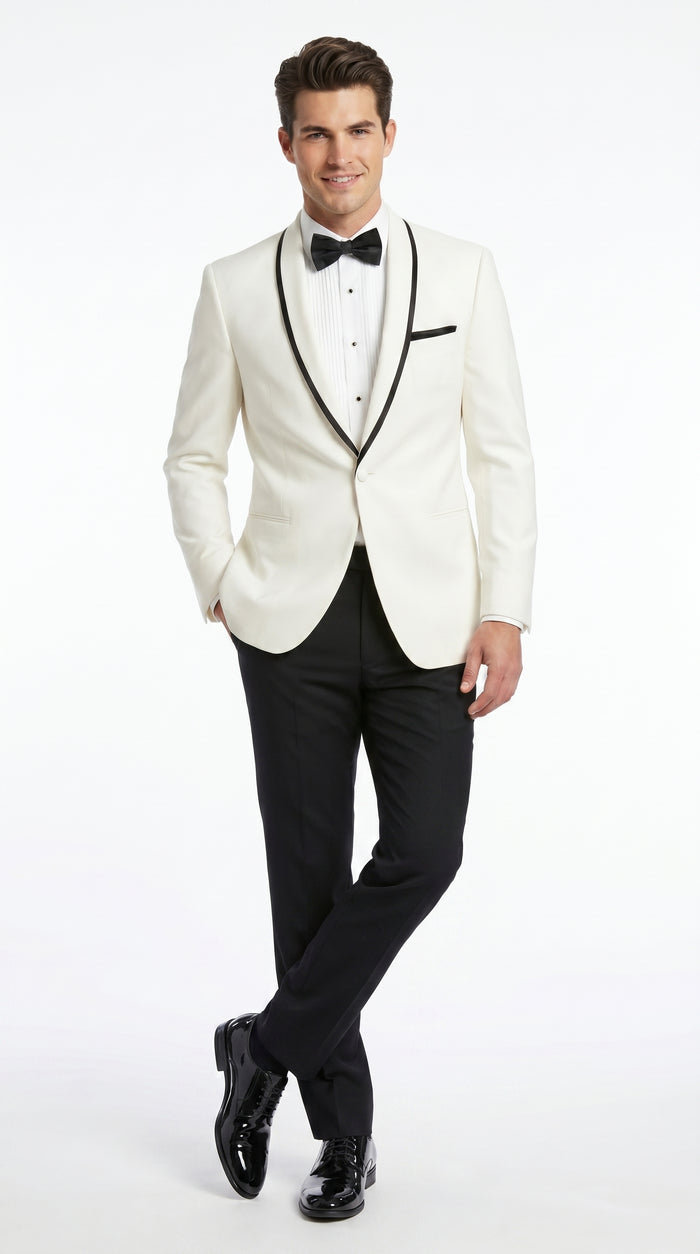 Men’s One Button Ivory Tuxedo Suit with Black Trim, Formal Wedding Prom Dinner Jacket
