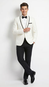 Men’s One Button Ivory Tuxedo Suit with Black Trim, Formal Wedding Prom Dinner Jacket