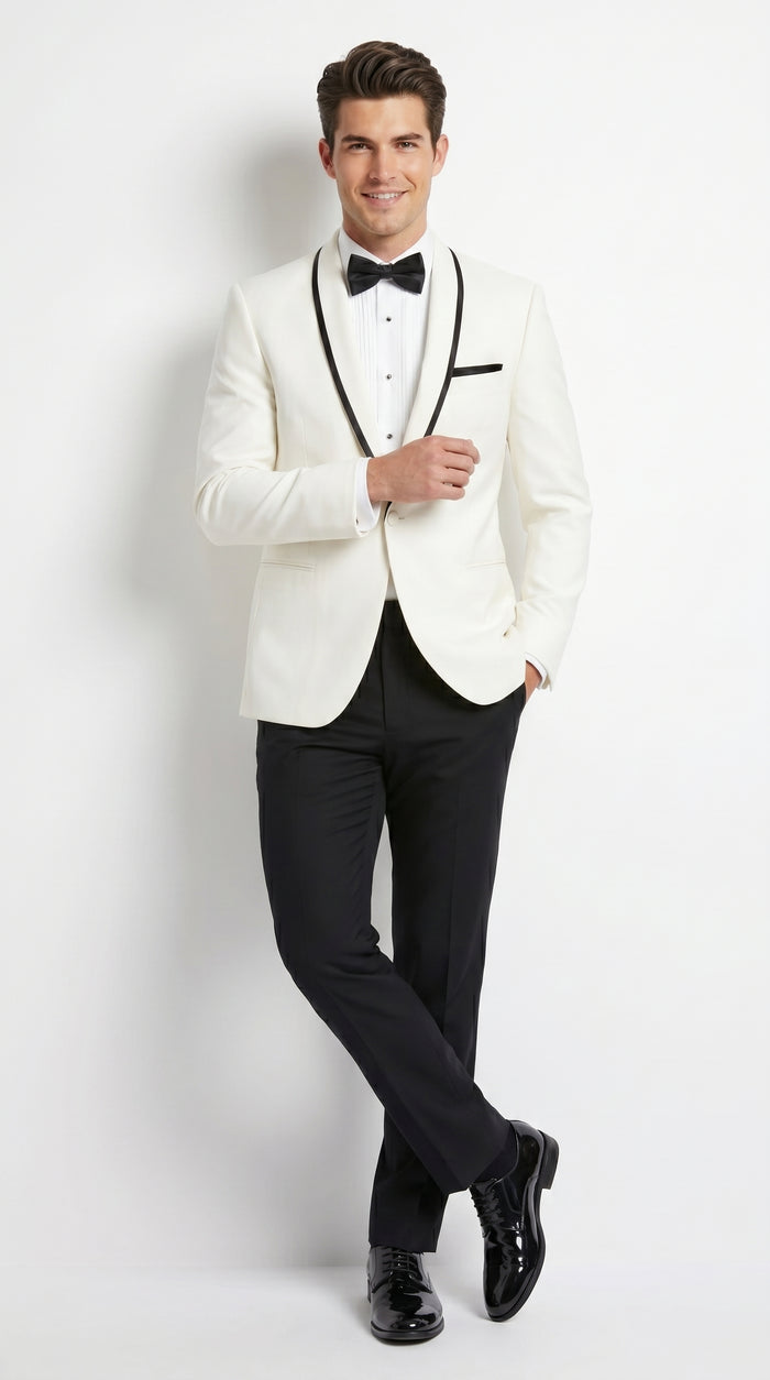 Men’s One Button Ivory Tuxedo Suit with Black Trim, Formal Wedding Prom Dinner Jacket