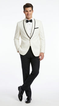 Men’s One Button Ivory Tuxedo Suit with Black Trim, Formal Wedding Prom Dinner Jacket