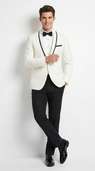 Men’s One Button Ivory Tuxedo Suit with Black Trim, Formal Wedding Prom Dinner Jacket