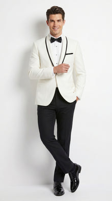 Men’s One Button Ivory Tuxedo Suit with Black Trim, Formal Wedding Prom Dinner Jacket