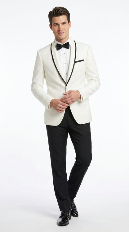 Men’s One Button Ivory Tuxedo Suit with Black Trim, Formal Wedding Prom Dinner Jacket