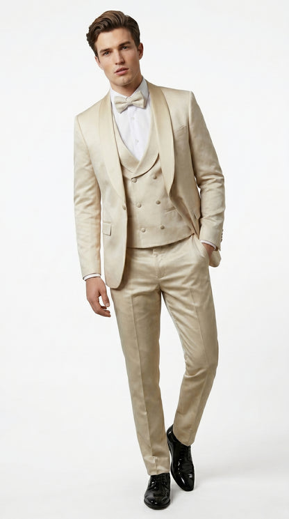 Men’s Tan Floral Shawl Lapel Tuxedo Set, Wedding and Prom Formal Suit