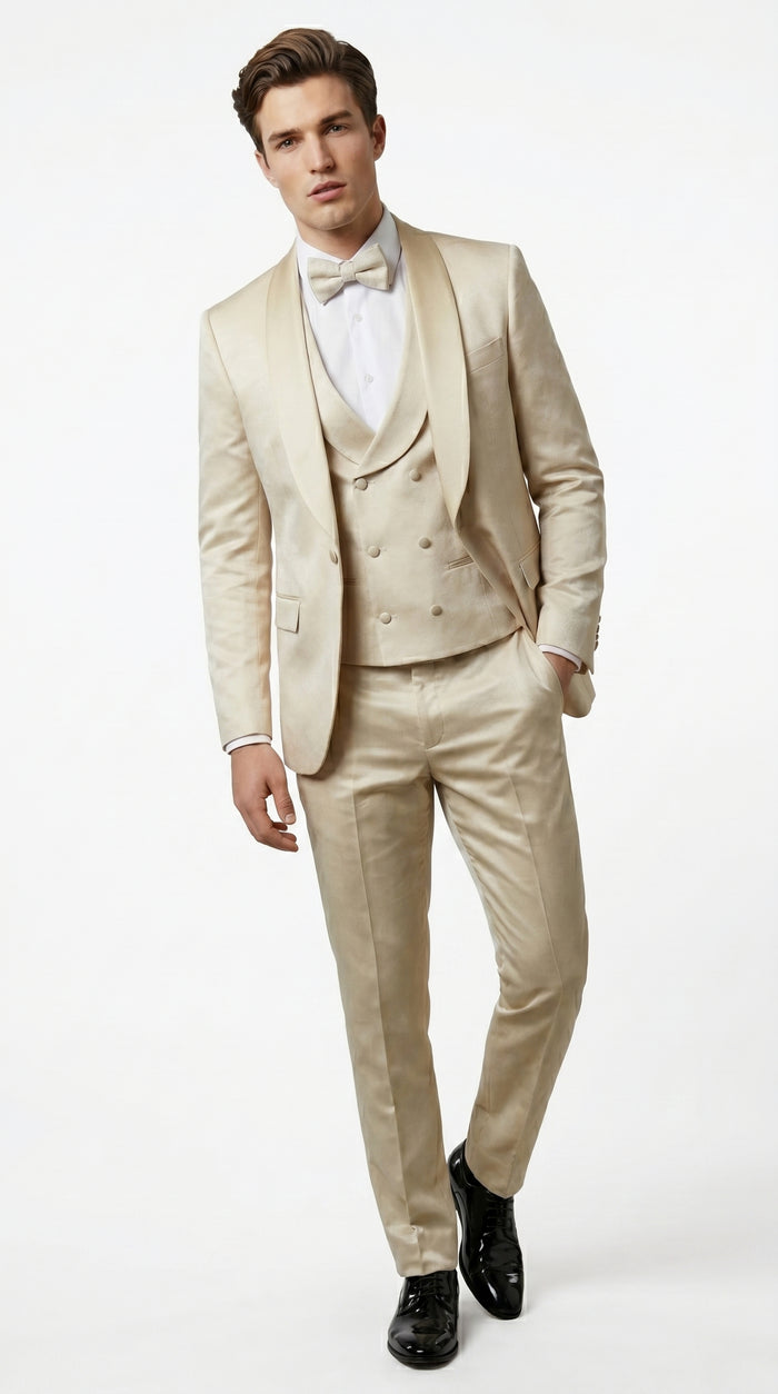 Men’s Tan Floral Shawl Lapel Tuxedo Set, Wedding and Prom Formal Suit