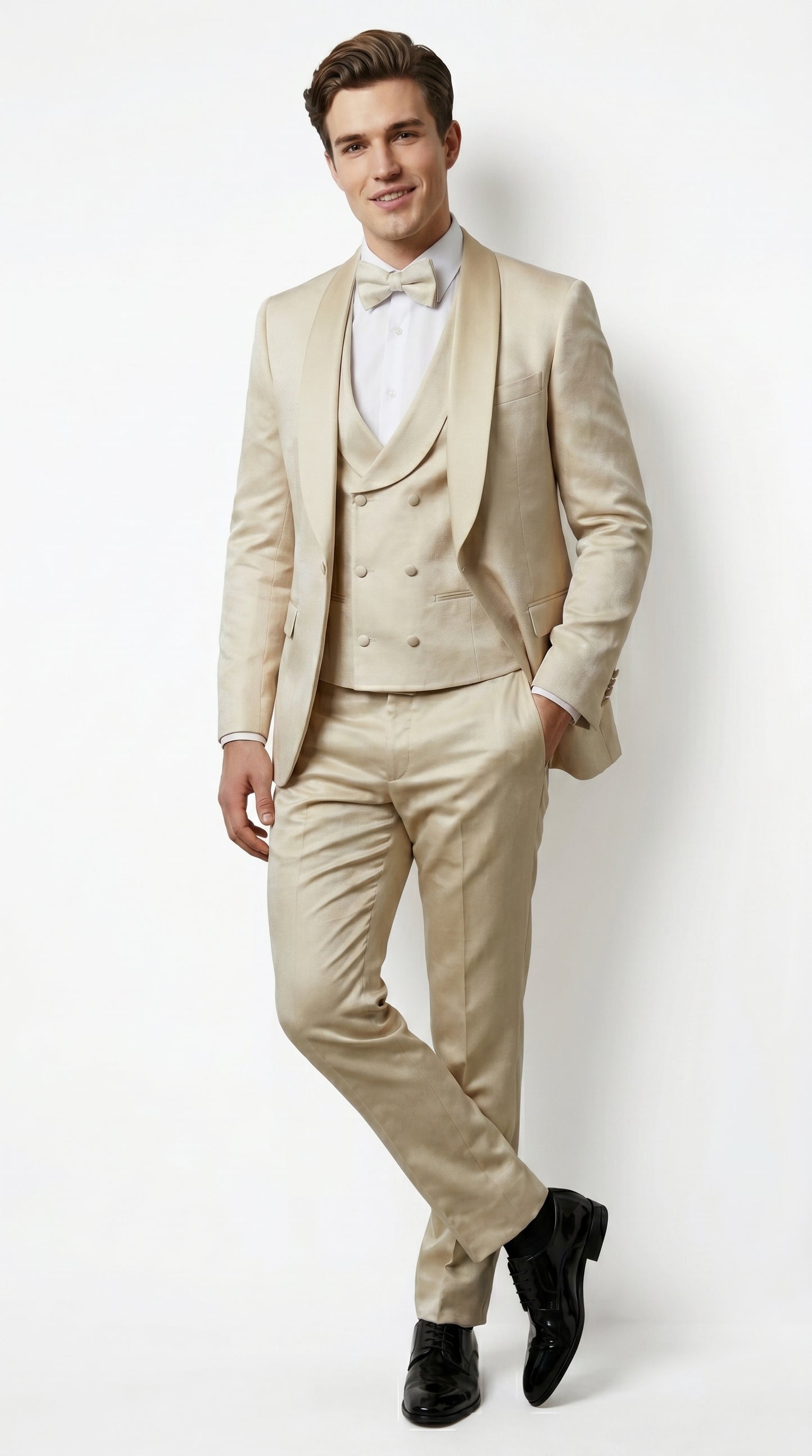 Men’s Tan Floral Shawl Lapel Tuxedo Set, Wedding and Prom Formal Suit