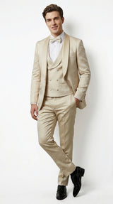 Men’s Tan Floral Shawl Lapel Tuxedo Set, Wedding and Prom Formal Suit