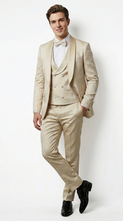 Men’s Tan Floral Shawl Lapel Tuxedo Set, Wedding and Prom Formal Suit
