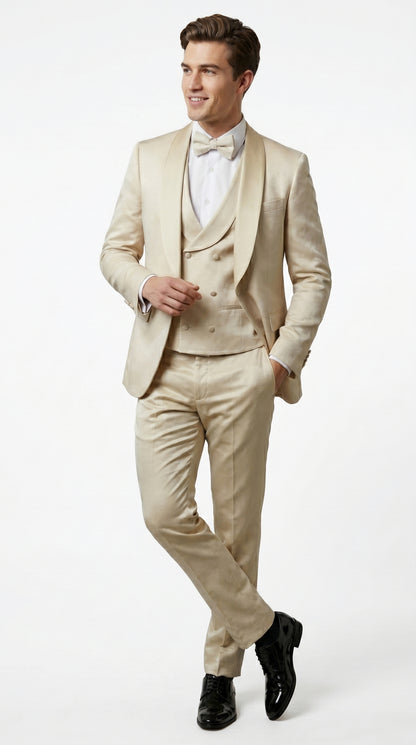 Men’s Tan Floral Shawl Lapel Tuxedo Set, Wedding and Prom Formal Suit