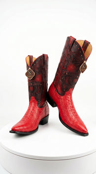 Men's King Exotic Ostrich Leg 3x Toe Handcrafted Boots in Red