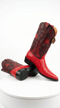 Men's King Exotic Ostrich Leg 3x Toe Handcrafted Boots in Red