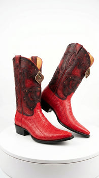 Men's King Exotic Ostrich Leg 3x Toe Handcrafted Boots in Red