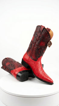 Men's King Exotic Ostrich Leg 3x Toe Handcrafted Boots in Red