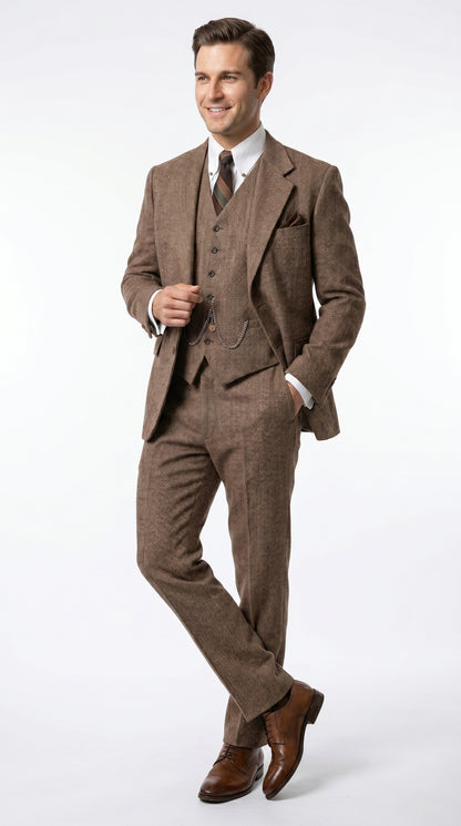 Men’s Light Brown Great Gatsby Tweed Herringbone Vested Suit, Tobey Maguire Inspired 1920s Formal Outfit