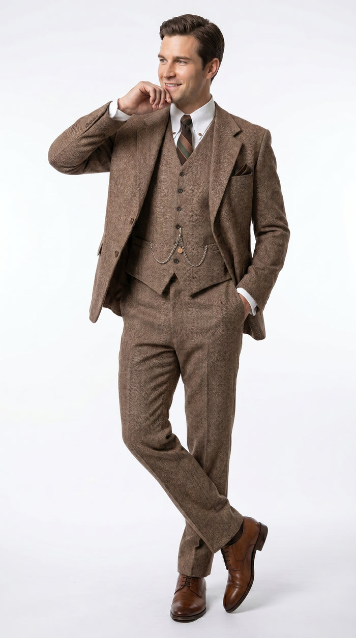 Men’s Light Brown Great Gatsby Tweed Herringbone Vested Suit, Tobey Maguire Inspired 1920s Formal Outfit Modern Fit